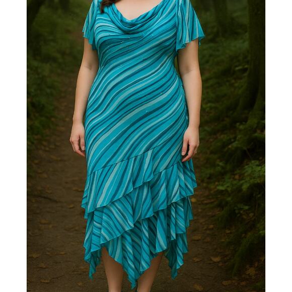 Vintage Y2K Chiffon Beaded Cowl Neck Dress Asymmetric Hem 14 Fairy Grunge Witchy - Picture 6 of 8